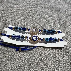 Set- 2 Adjustable Evil Eye Bracelets: Gold, Blue, Navy Beaded Protection Jewelry